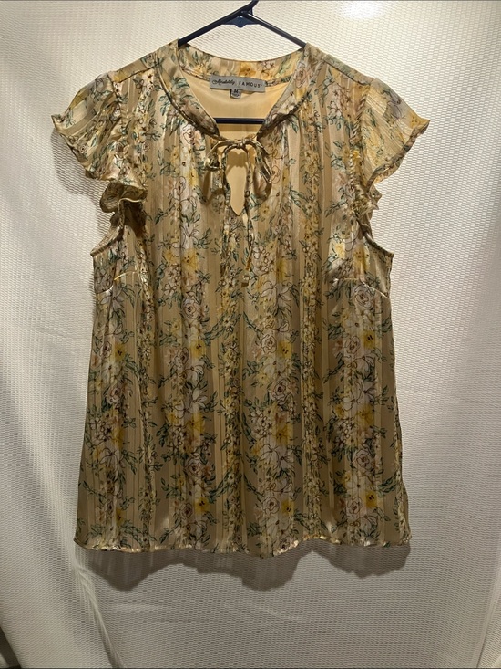 Absolutely Famous Tops - Absolutely Famous Yellow Floral Tie-Neck Ruffle Sleeve Blouse